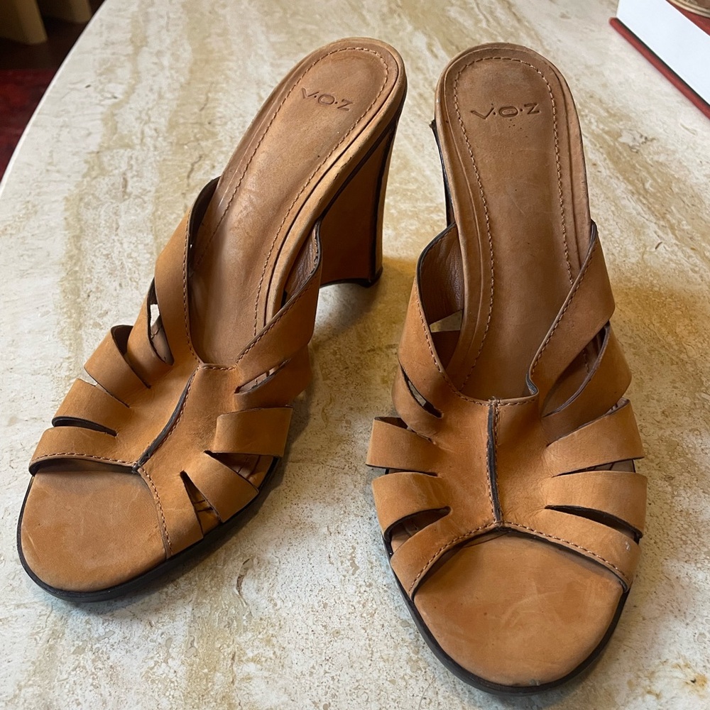 VOZ Sandals - Tajima Camel Beige Leather Slip On Wedge Heel
